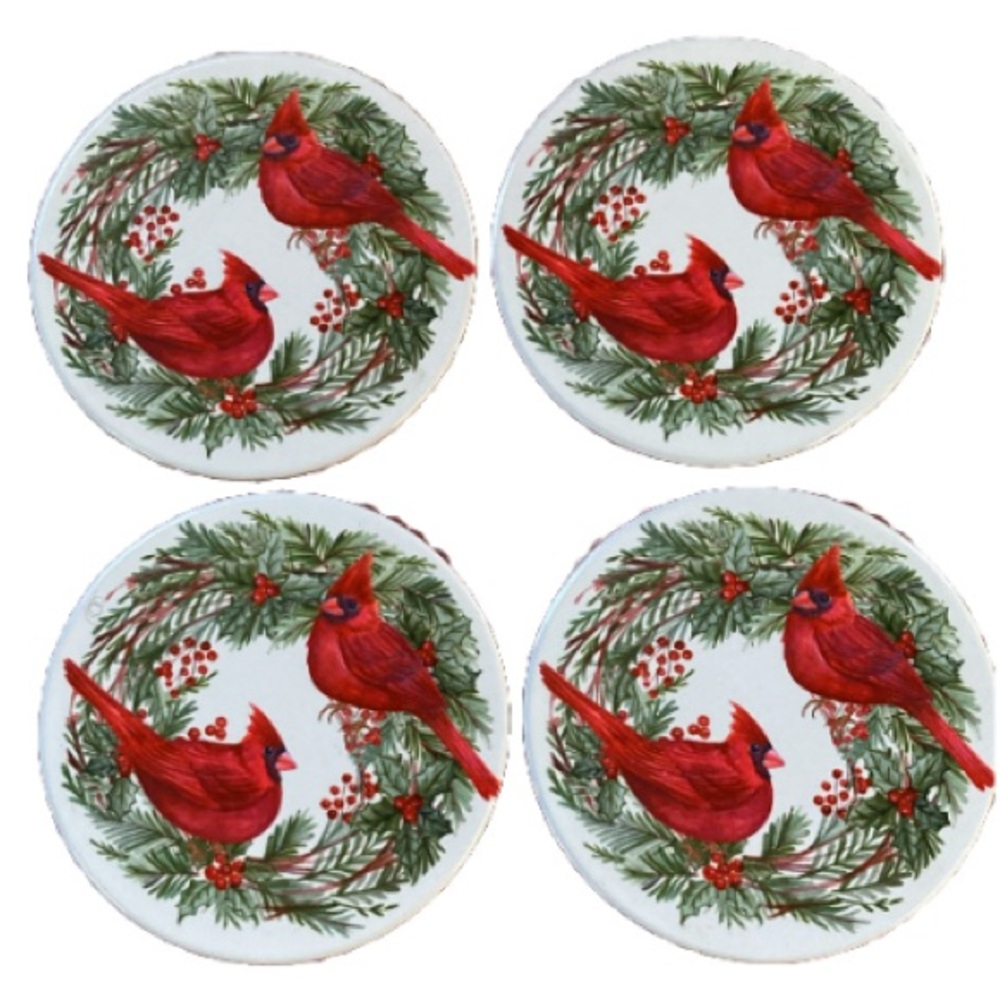 CARDINALS Red Bling Gems Round Coasters Greenery Berries Cork Bottom Set of 4
